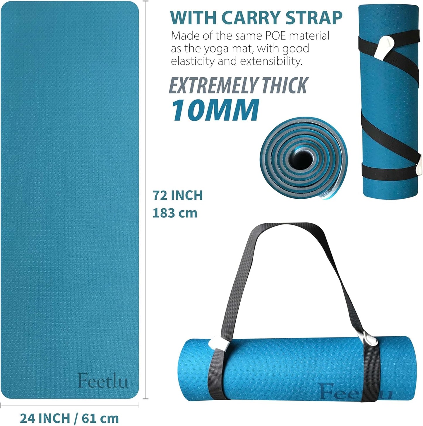 Yoga Mat with Strap – 10mm & 12mm Thick Yoga Mat, Non-Skid Dual Surface Workout Mat, Eco-Friendly POE Yoga Mats for Women Men Kids, Perfect Exercise Mat for Pilates, Yoga, and Floor Workouts, Includes Carrying Strap.