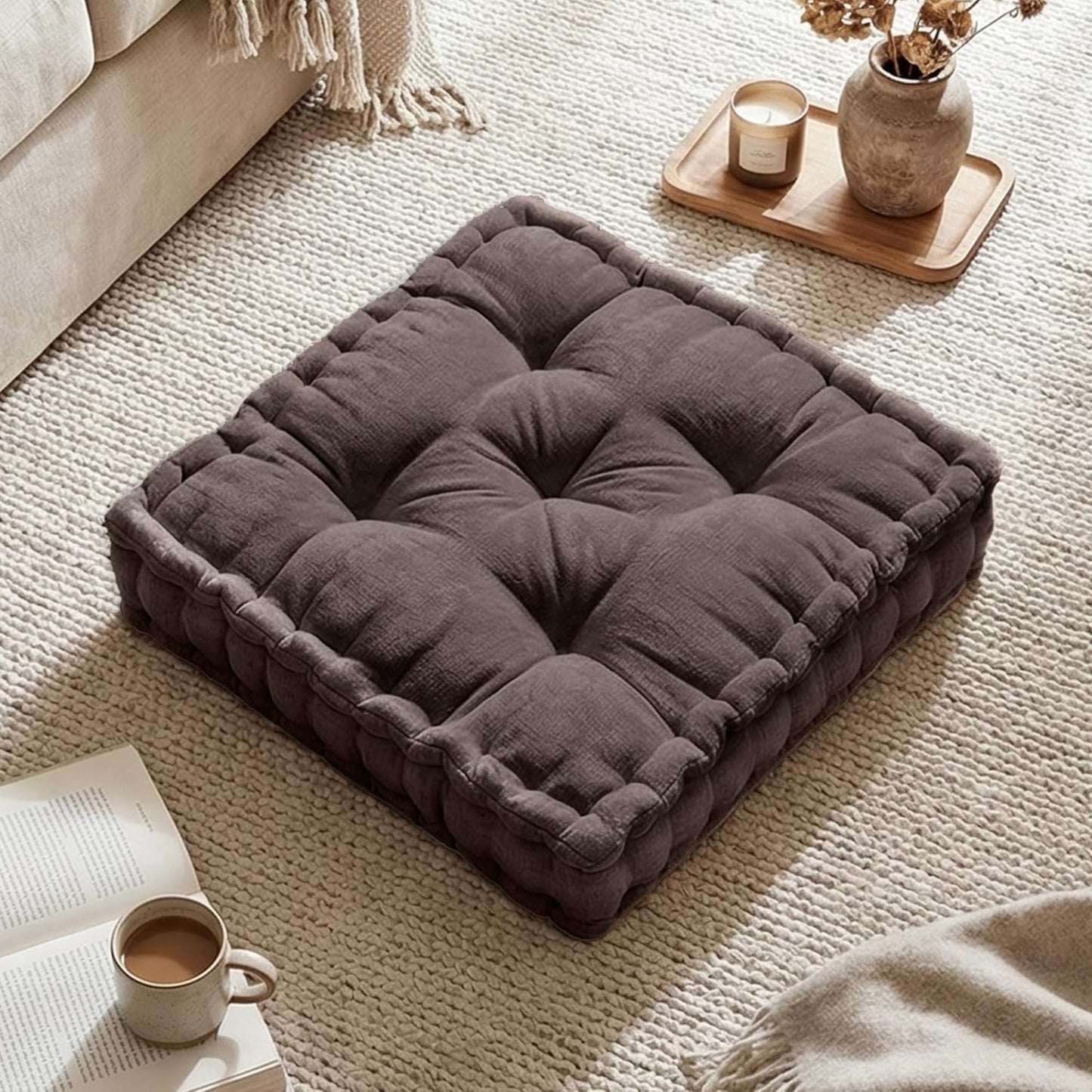 Intelligent Design Large Floor Pillow for Adults Yoga or Meditation Cushion with Handle, Floor Cushion for Board Games, Lustrous Chenille Tufted, Handsewn Scalloped Edge, Azza, 24" x 24" x 5" Yellow