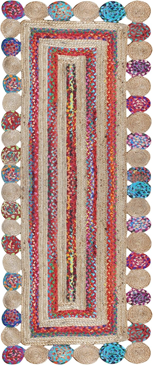 Kilim Rug Scalloped Runner 2.6x4 Jute Runner Rug Solid Pattern Beige Color Flatweave Carpet Thick 0.27 inches Braided Jute Indoor Outdoor Rugs for Kitchen Bedside Yoga Mat Entryway - Colors B