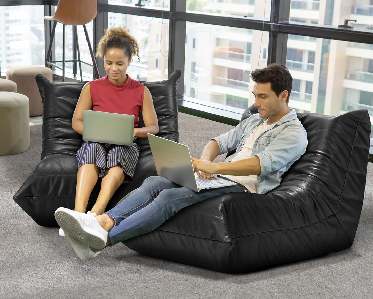 Hobestluk Giant Bean Bag Chair Lazy Floor Sofa, Memory Foam Fireside Sofa for Adults, Big Beanbag Faux Leather Armless Chair for Living Room Bedroom Dorm Office (Brown, Single)