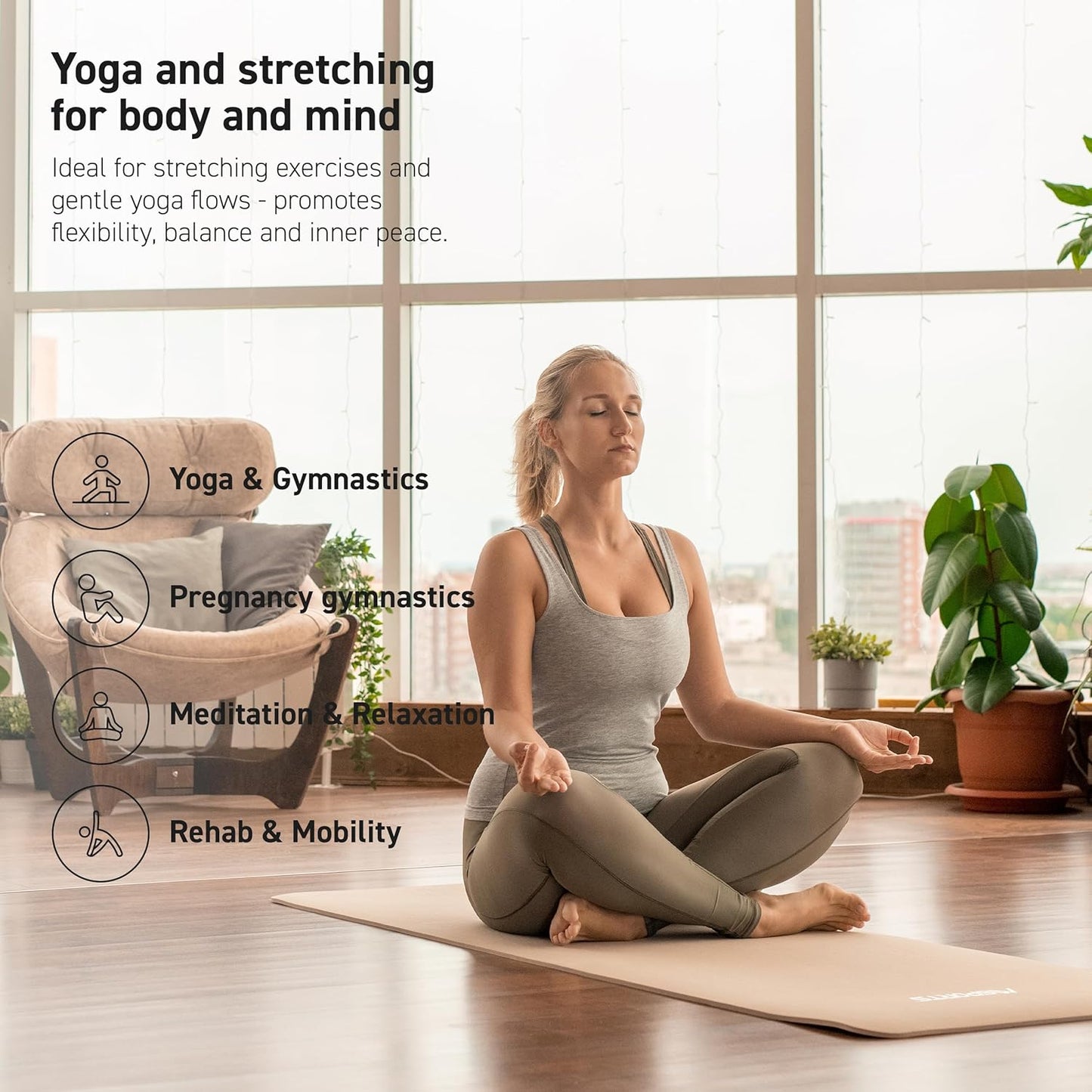 MSPORTS Yoga Mat Premium Non Slip Thick – Extra Comfortable Exercise Mat for Home Workouts, Pilates, Stretching & Gym – Cushioned NBR Foam, Gym Mat with Strap, for Women & Men