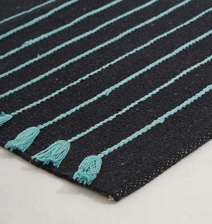Indian Handmade 100% Organic Cotton Yoga Mat, Hand Woven Rug, Thick Yoga Mat For Everyday Fitness at Home Comfortable Foldable Long Mat 72 x 24 Inches, Balck & Turquoise