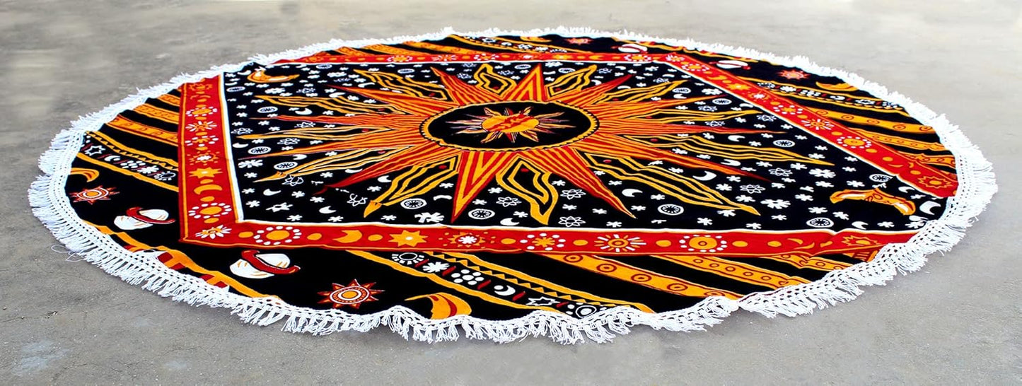 Mandala Round Beach Tapestry Boho Hippie Blanket Bohemian Large Table Cloth Home Decor Yoga Mat Meditation Picnic Rug Throw Hippy Gypsy Tablecloth Roundie (42 Inches, Orange And Blue)