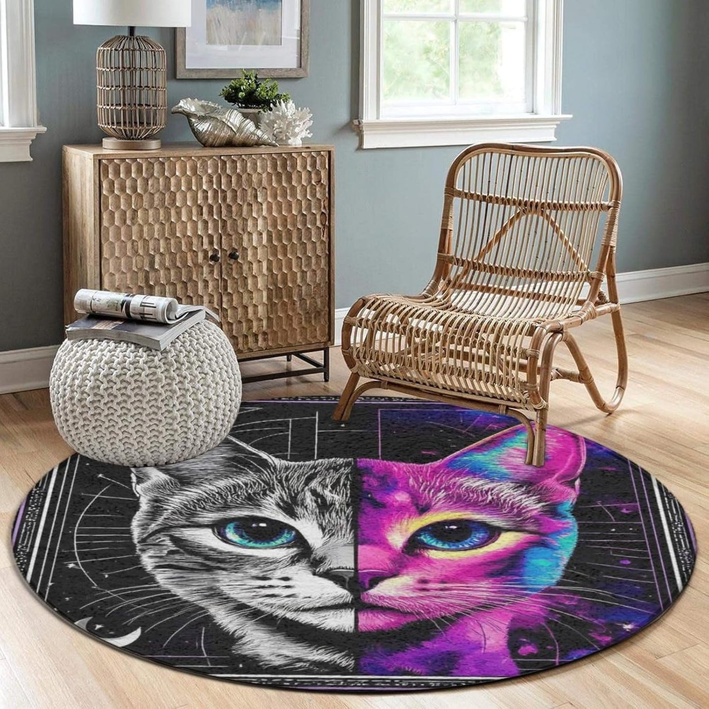 Machine Washable Modern Round Area Rug, Room Sofa Yoga Soft Round Carpet, Home Decor Non Slip Kitchen Office Circle Rug Trippy Rainbow Mushroom Tie Dye Art, 60inch