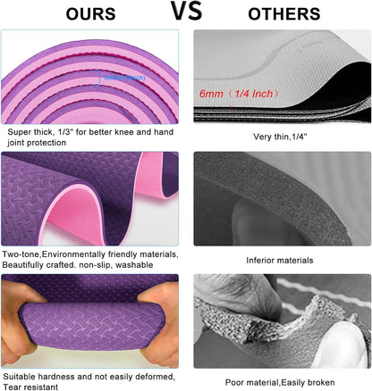 Yoga Mat 1/3" (8mm) Thick Non-Slip, Women Men Fitness & Exercise Mat, 72"Lx24"W Eco-Friendly TPE Workout Mat with Carrying Strap for Yoga, Pilates, Home Gym, Floor Exercises