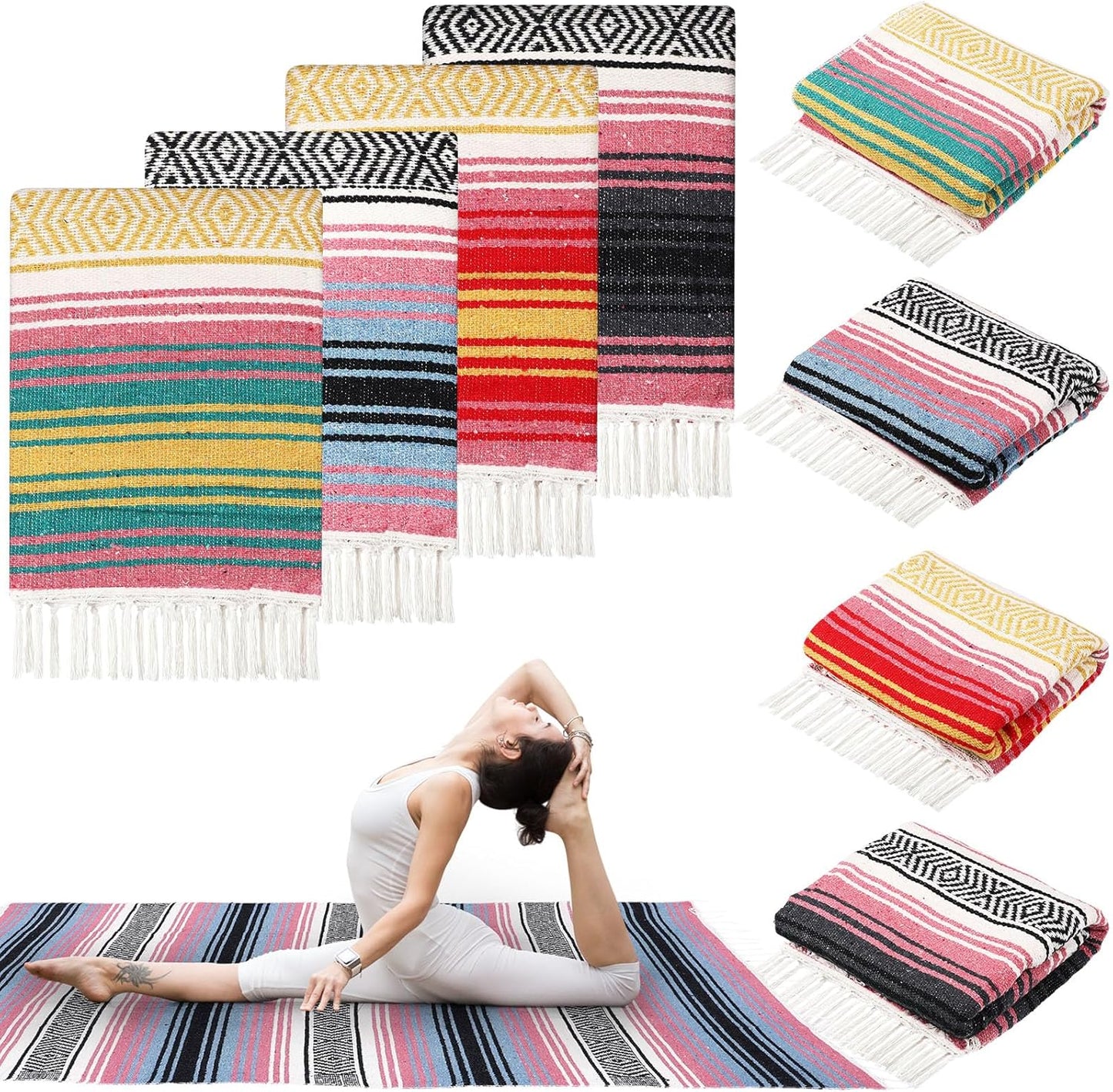 Oudain 4 Pcs Mexican Blankets Bulk Handwoven Mexican Yoga Blanket Towel Colorful Falsa Serape Woven Throw Blanket Boho Beach Blankets for Outdoor Camping Beach Picnic Travel Home (Blue Green)