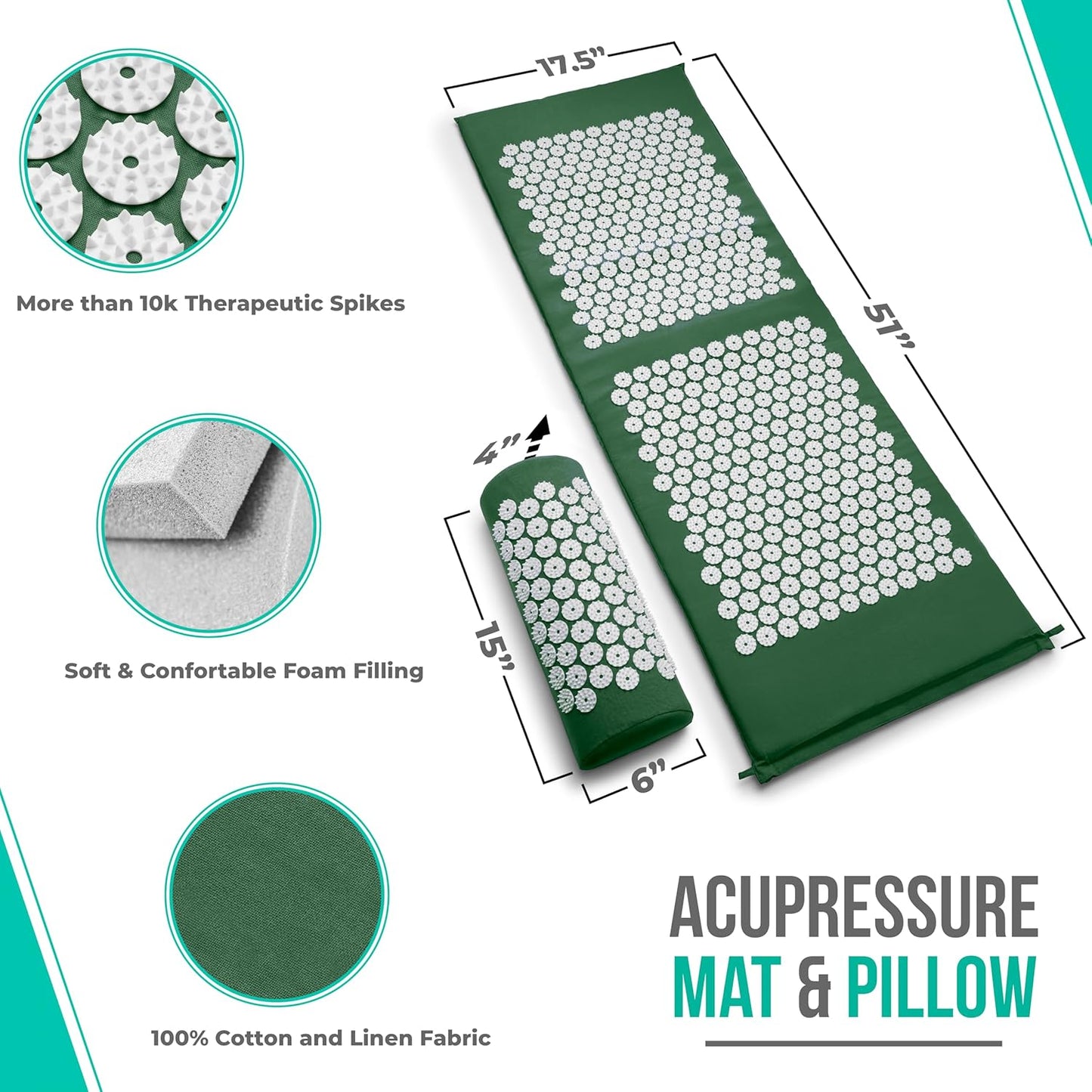 Sivan Back and Neck Pain Relief Acupressure Mat and Pillow Set, Chronic Back Pain Treatment - Relieves Your Stress of Lower Upper Back and Sciatic Pain - Green