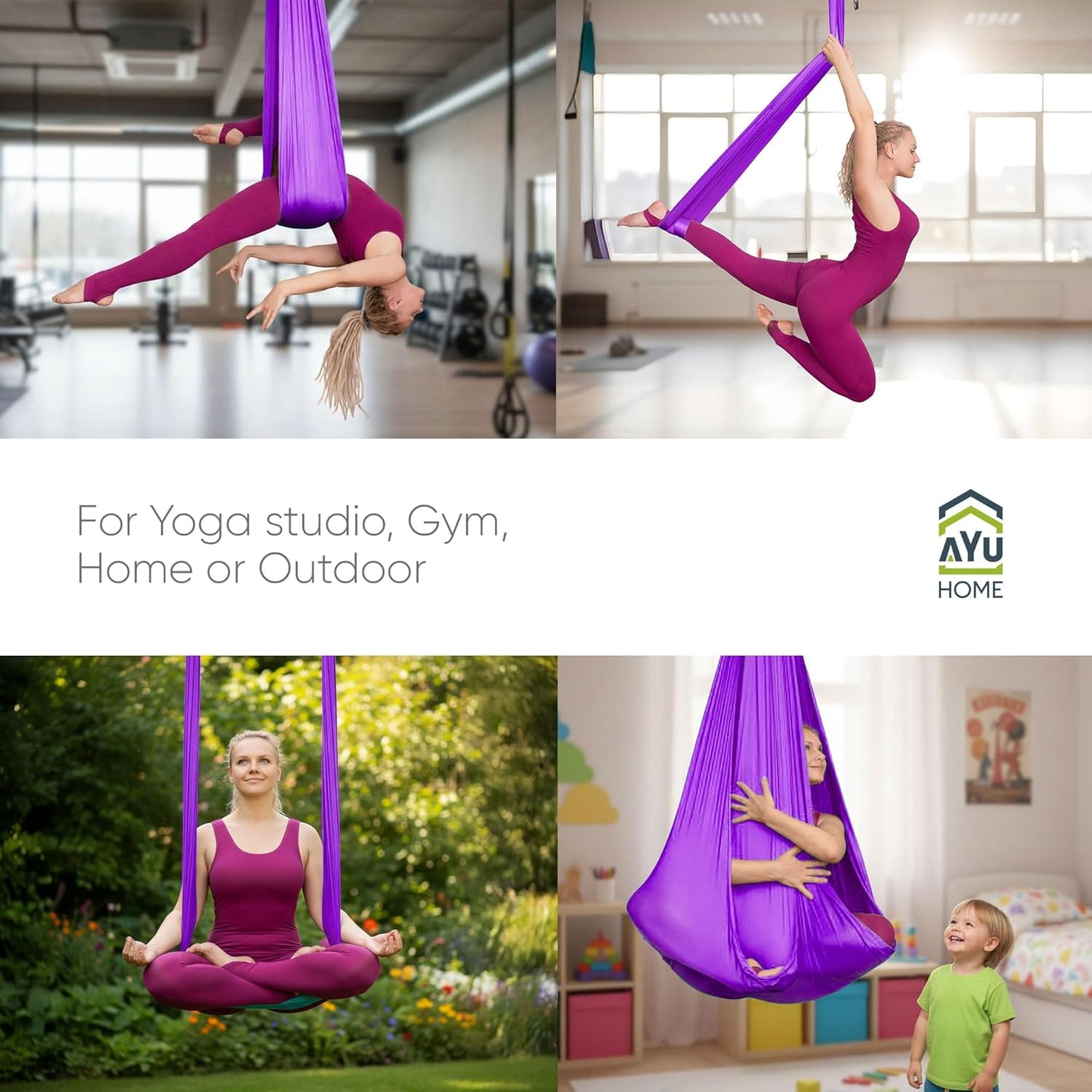 AyuHome Aerial Silks Kit for Home - Premium Yoga Swing for Kids and Adults with 660 lbs Capacity - Versatile Aerial Yoga Hammock for Gymnastics Training