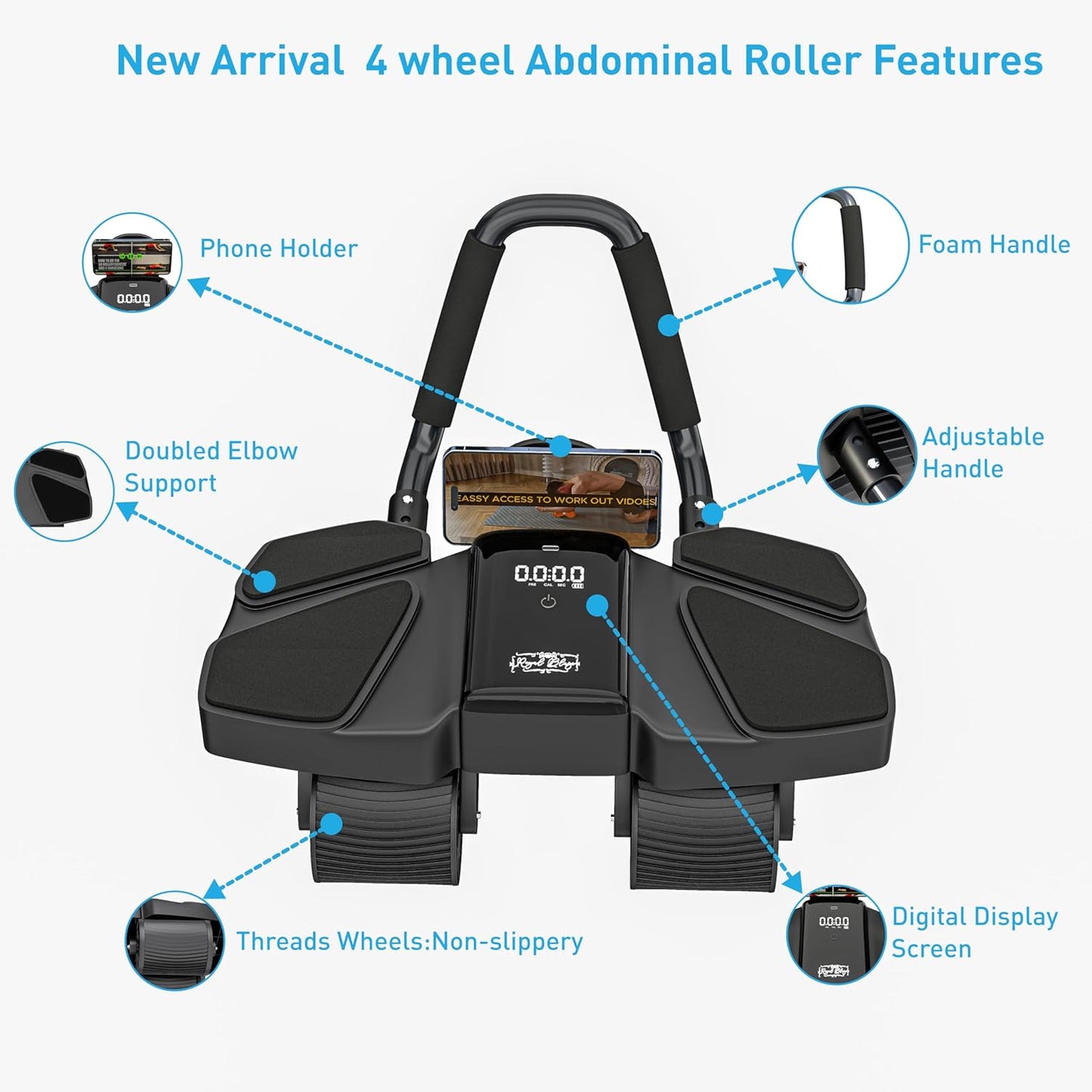 Ab Roller Home Gym Equipment – 4 Wheels Ab Wheel Muscle Roller with Automatic Rebound, Yoga Stretching Strap, 3 Resistance Bands – Comfortable Elbow Support with Non-Slip Handles – Built-in Workout Tracker