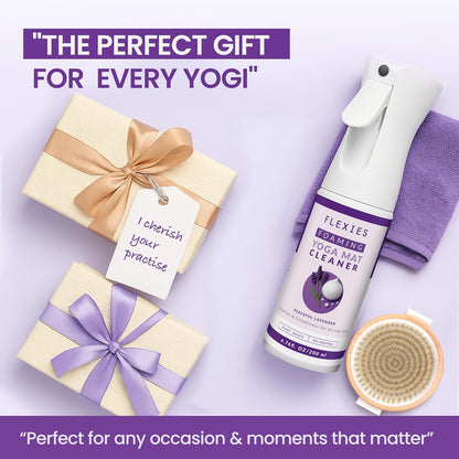 Flexies Foaming Yoga Mat Cleaner Spray Kit, Plant Based Non Toxic Mat Cleaner with Brush and Microfiber Cloth, Yoga Essentials for Women and Men, Pilates Mat Care, Lavender