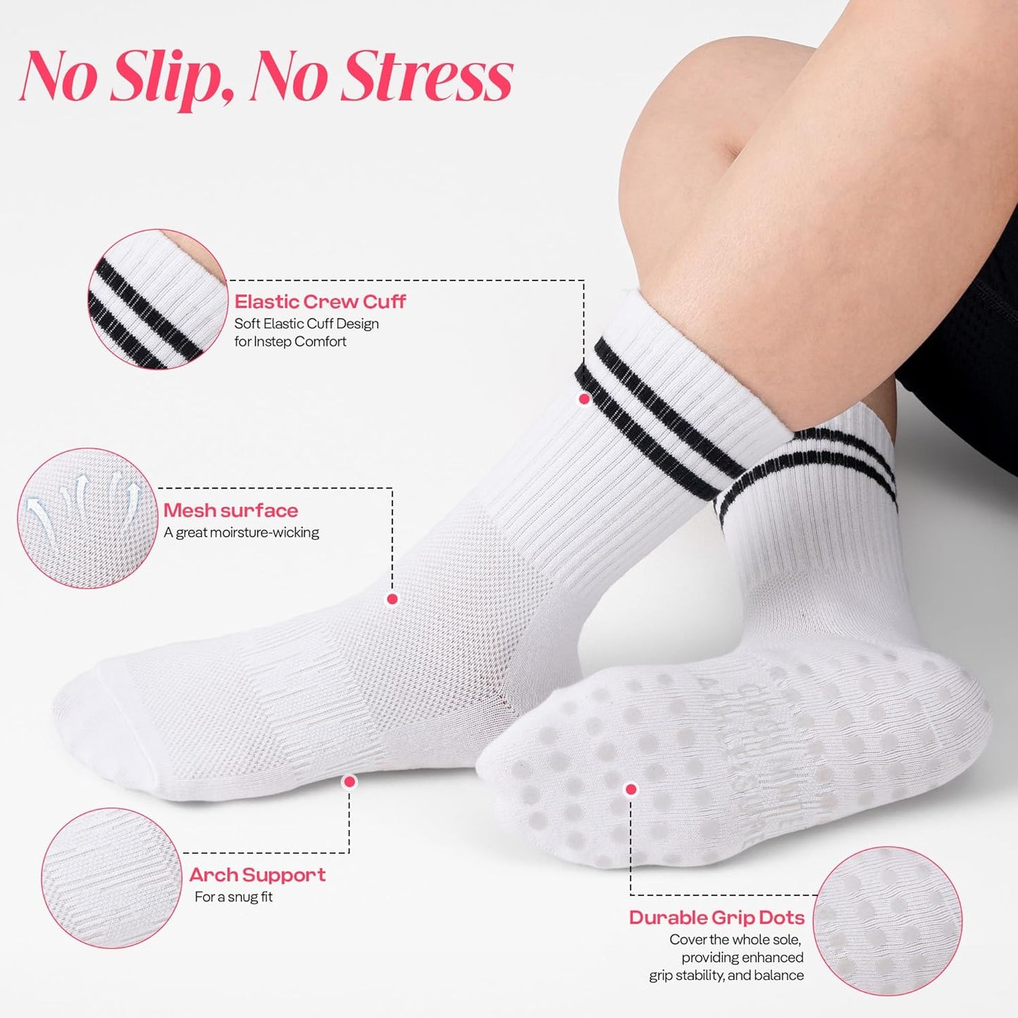COOLMATE Pilates Socks with Grips for Women, Yoga Socks, Crew Non Slip Women for Barre, Pilates Gifts for Women - Colors A