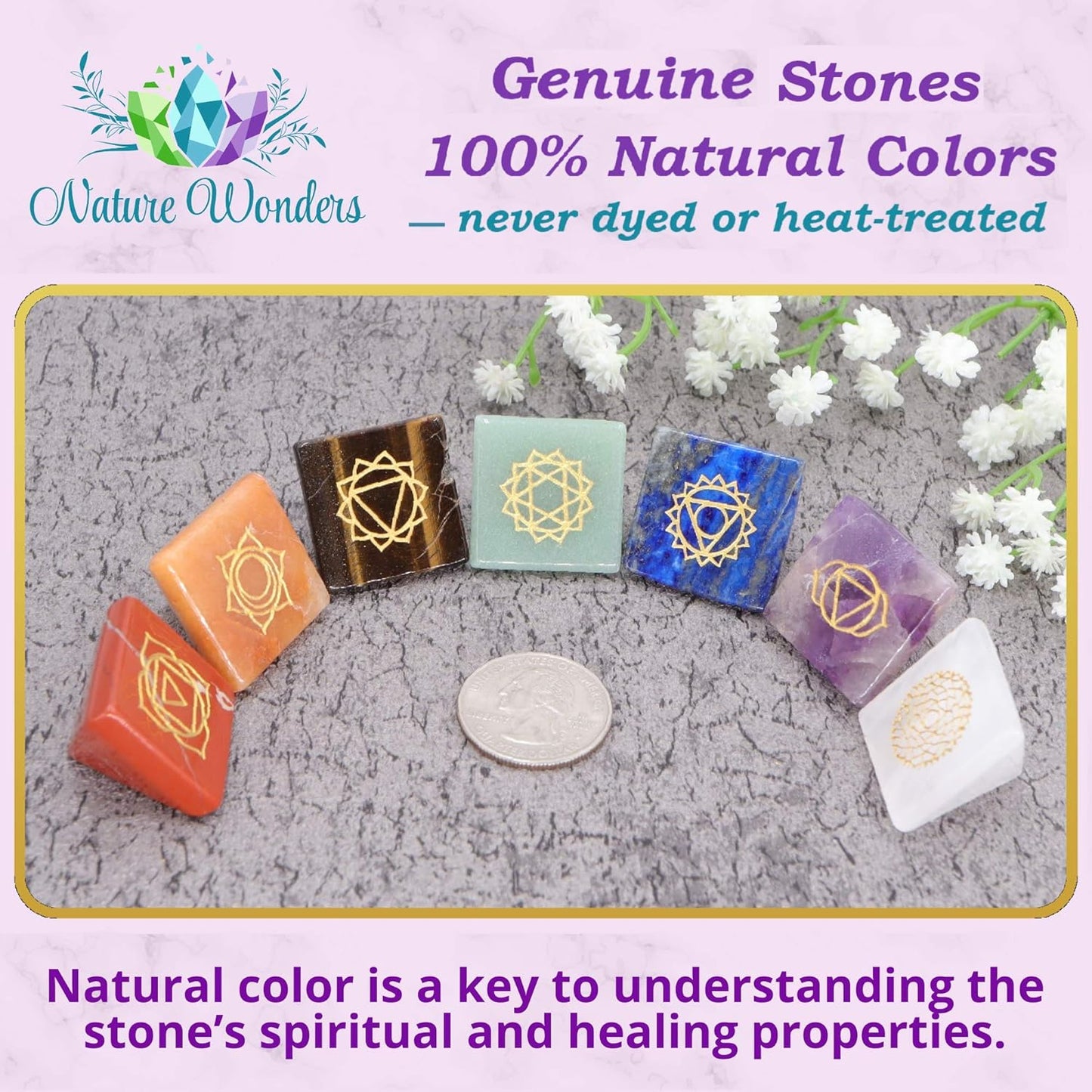 Uorbeay NatureWonders All Natural 7 Chakra Stone Set (Pyramid) with Engraved Symbols (Gift Box, Information Brochure & Pouch) - Healing Crystals, Balancing, Tumbled Palm Stone, Touchstone, Meditation