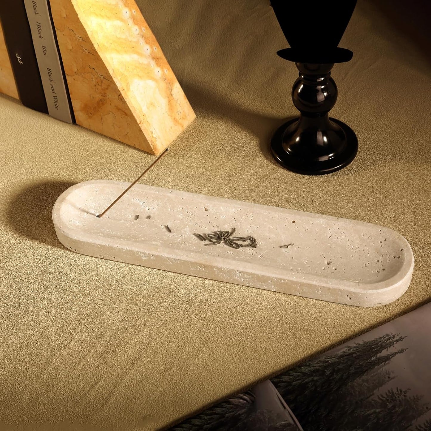 Koville Natural Marble Incense Holder, Incense Holder for Sticks with 9 Holes, Handmade Incense Burner Ash Catcher for Meditation Yoga SPA, Balsam Fir/Palo Santo/Sage/Cone (RoyalBeige)