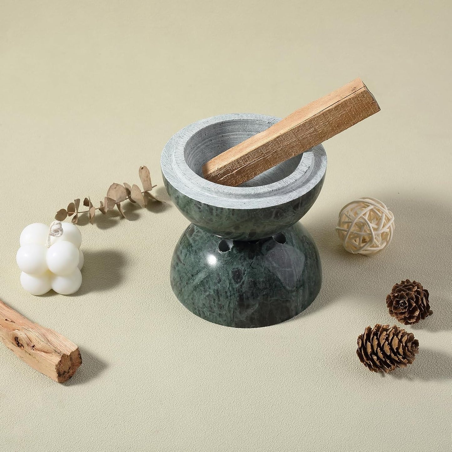 Koville Natural Marble Incense Holder, Incense Holder for Sticks with 9 Holes, Handmade Incense Burner Ash Catcher for Meditation Yoga SPA, Balsam Fir/Palo Santo/Sage/Cone (RoyalBeige)