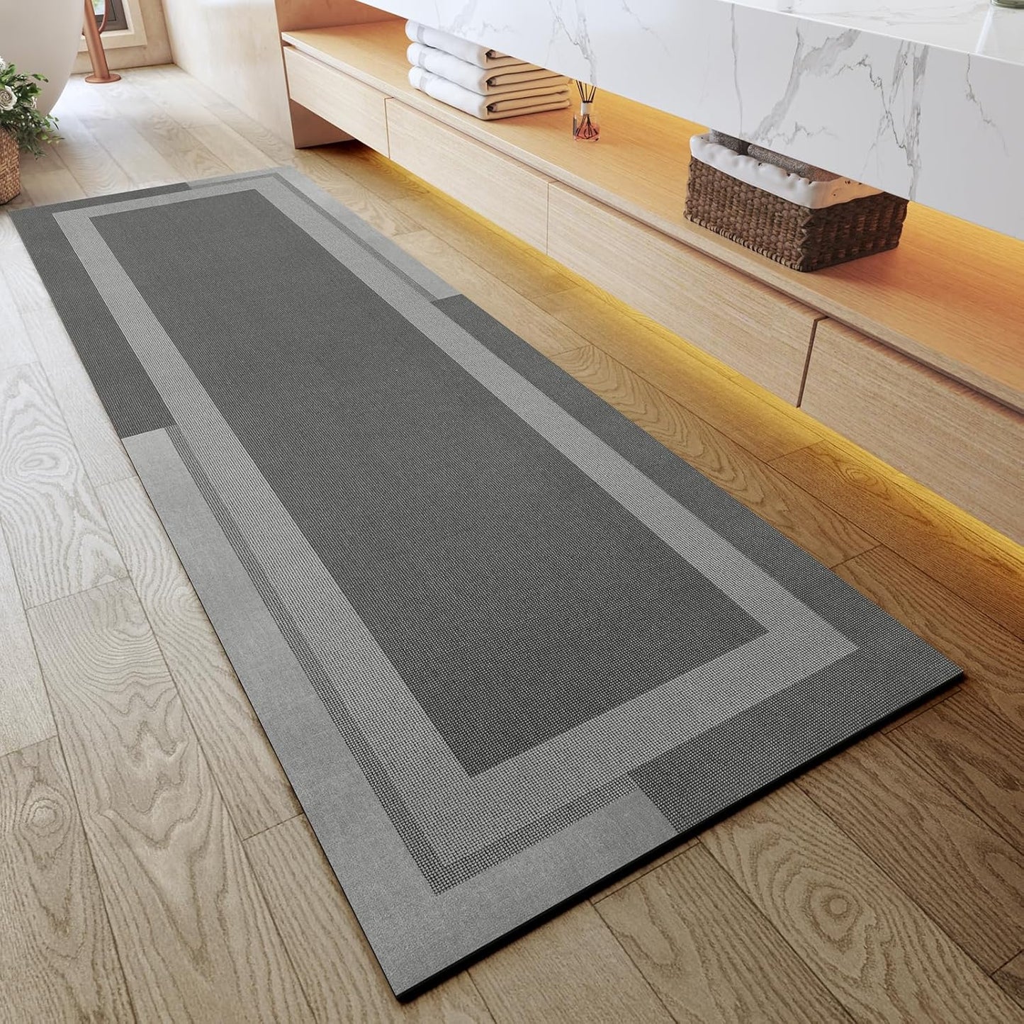 YDKGL Non Slip Long Bath Mat Bathroom Runner, Rubber Backing Ultra Thin Bathroom Rugs Fit Under Door Quick Dry Super Absorbent Washable Bath Rug Shower Mat for Bathtub Sink Floor, Dark Gray 17"x47"