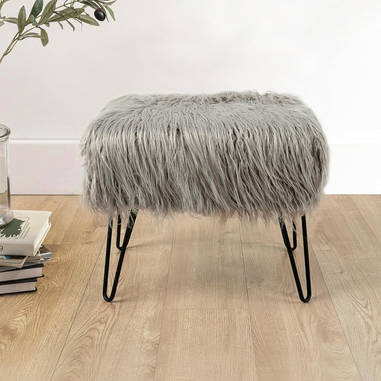 Home Soft Things Green Mongolian Faux Fur Ottoman, Desert Sage, 19'' x 13'' x 17'', Cozy Plush Fluffy Ottoman Foot Rest Stool for Living Room Bedroom Entryway Makeup Bench End of Bed Home Décor