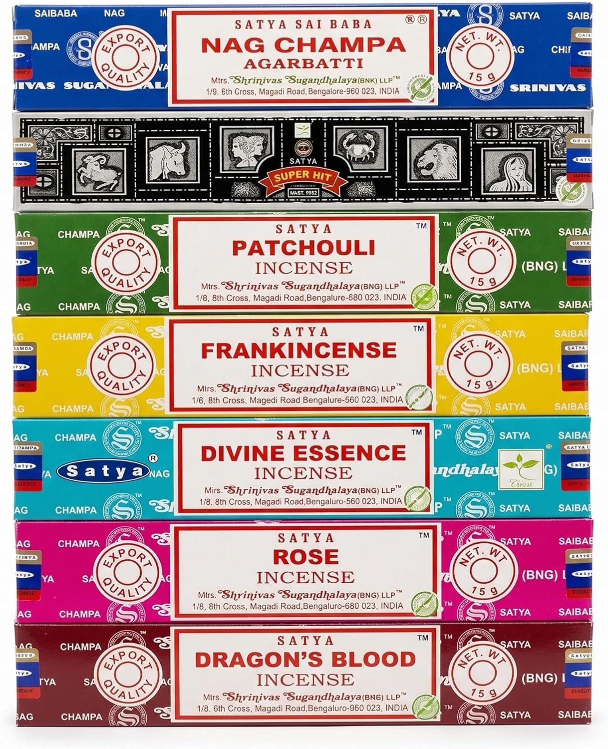Satya Incense Gift Set Nag Champa, Super hit, Dragon's Blood, Sandalwood, Patchouli, Lavender, Positive Vibes, 15 g