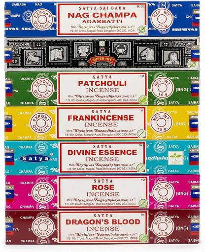 Satya Incense Gift Set Nag Champa, Super hit, Dragon's Blood, Sandalwood, Patchouli, Lavender, Positive Vibes, 15 g
