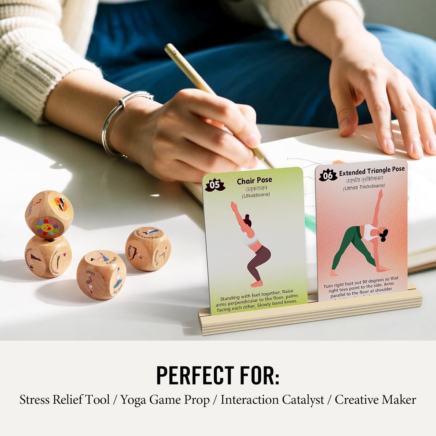 Homotte Yoga Cards and Wooden Yoga Dice Set for Beginners, Kids Yoga Accessories Pose Workout Kit with 4 Dice, 8 Card Holder, Gift for Women