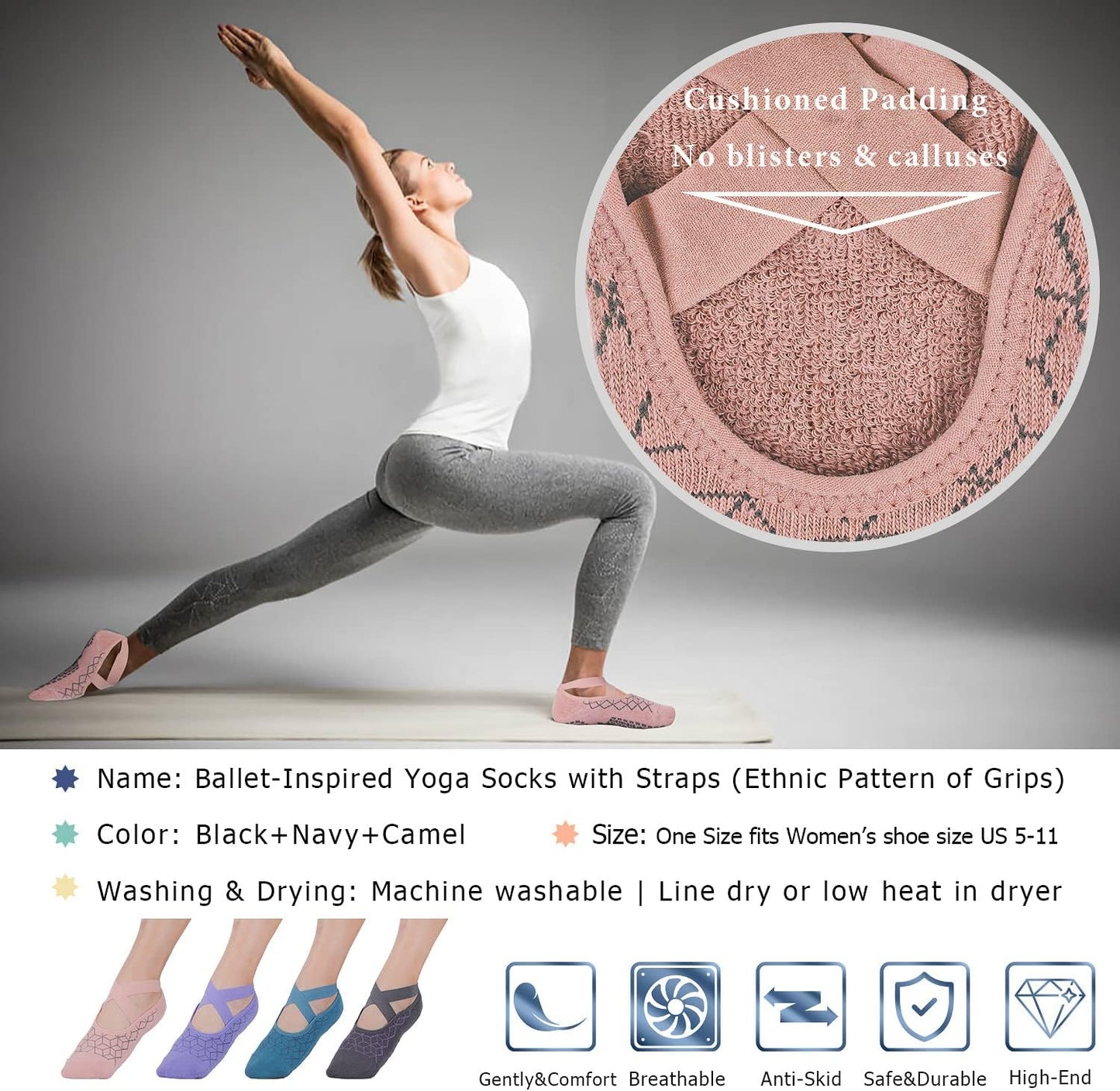 Ozaiic Pilates Socks for Women Non Slip Grip, Yoga Socks with Grippers for Barre, Hospital, Ballet, Dance, Barefoot Workout