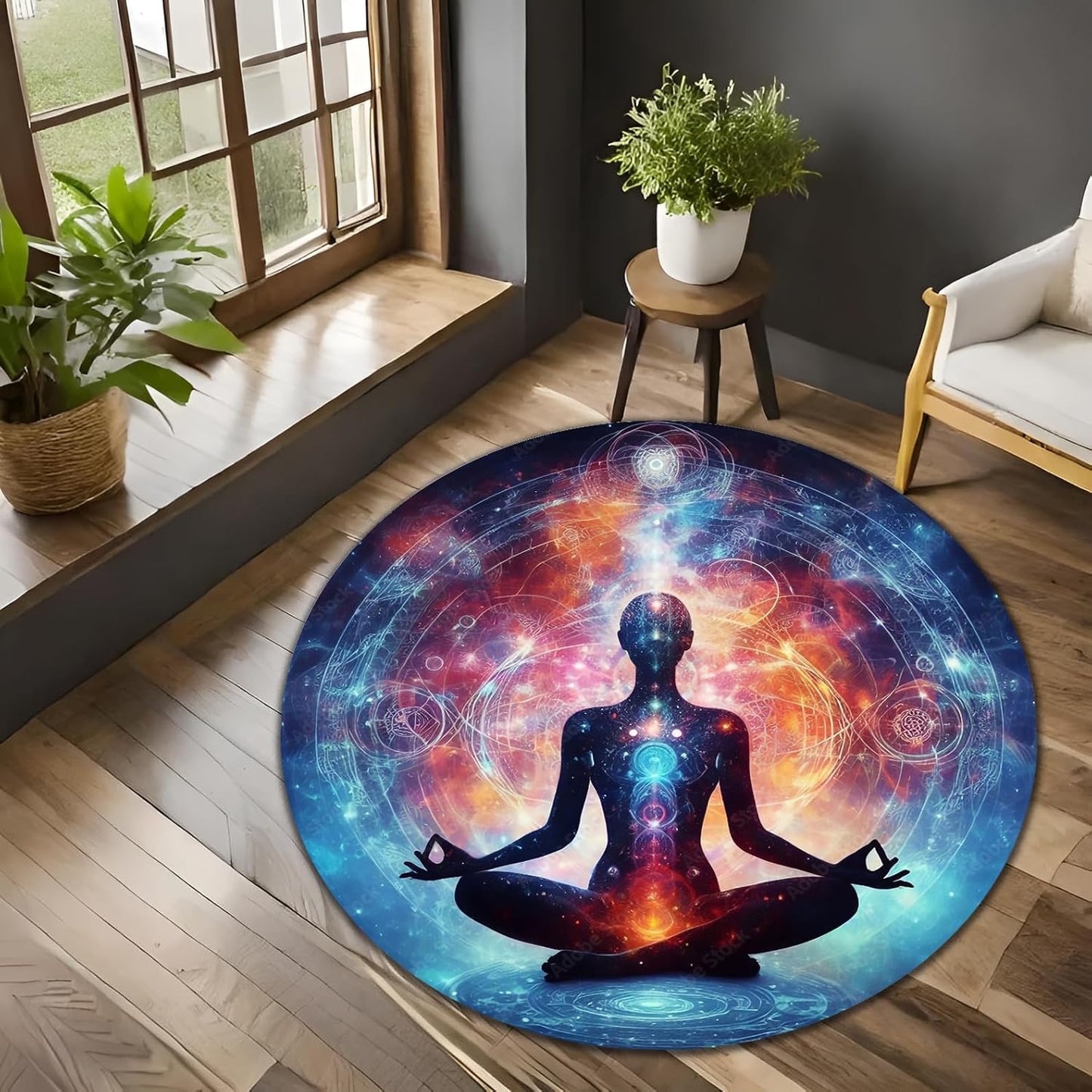 Chakra Round Area Rug, Non-Slip Meditation & Yoga Carpet for Living Room, Meditation Round Area Rugs, Modern Circular Bedroom Rug 57
