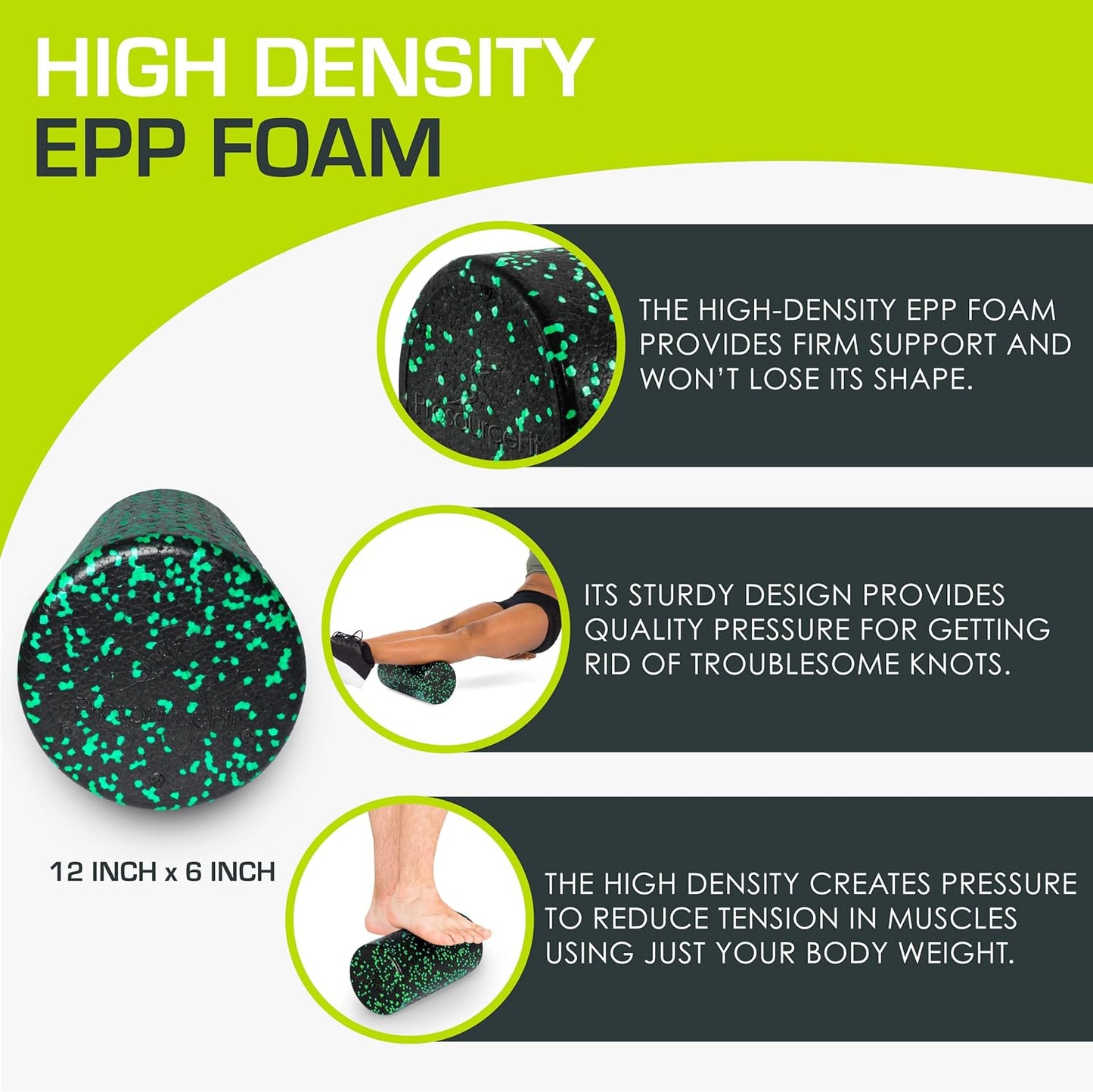 ProsourceFit High Density Foam Rollers 12 - inches long, Firm Full Body Athletic Massage Tool for Back Stretching, Yoga, Pilates, Post Workout Muscle Recuperation, Black