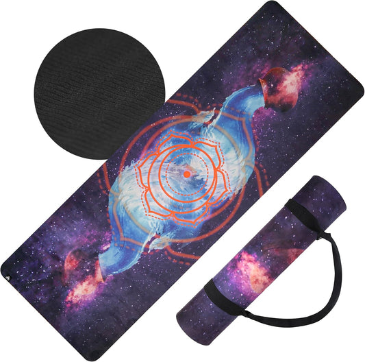 Yoga Mat with Strap Non-Slip 6mm Thick, Premium Suede & TPE Tree-of-Life Root Chakra Design (72”x24”) Yoga, Hot Yoga, Pilates and Sweaty Workout