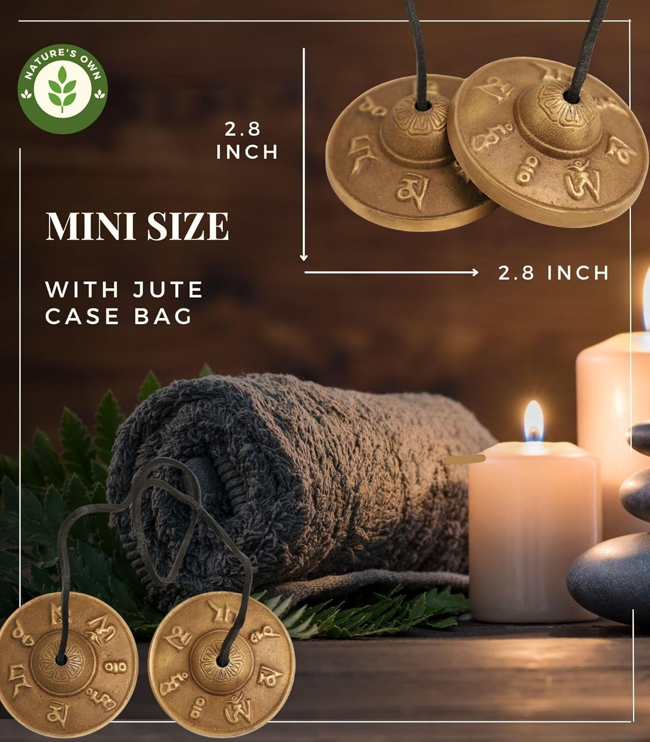 Tibetan Tingsha Bells Cymbals Meditation Chime Bells, 6.3 cm Percussion Instrument, with Cloth Bag, Embossed 8 Lucky Symbols, Ideal for Yoga, Mindfulness, Spiritual Healing, and Sound Therapy