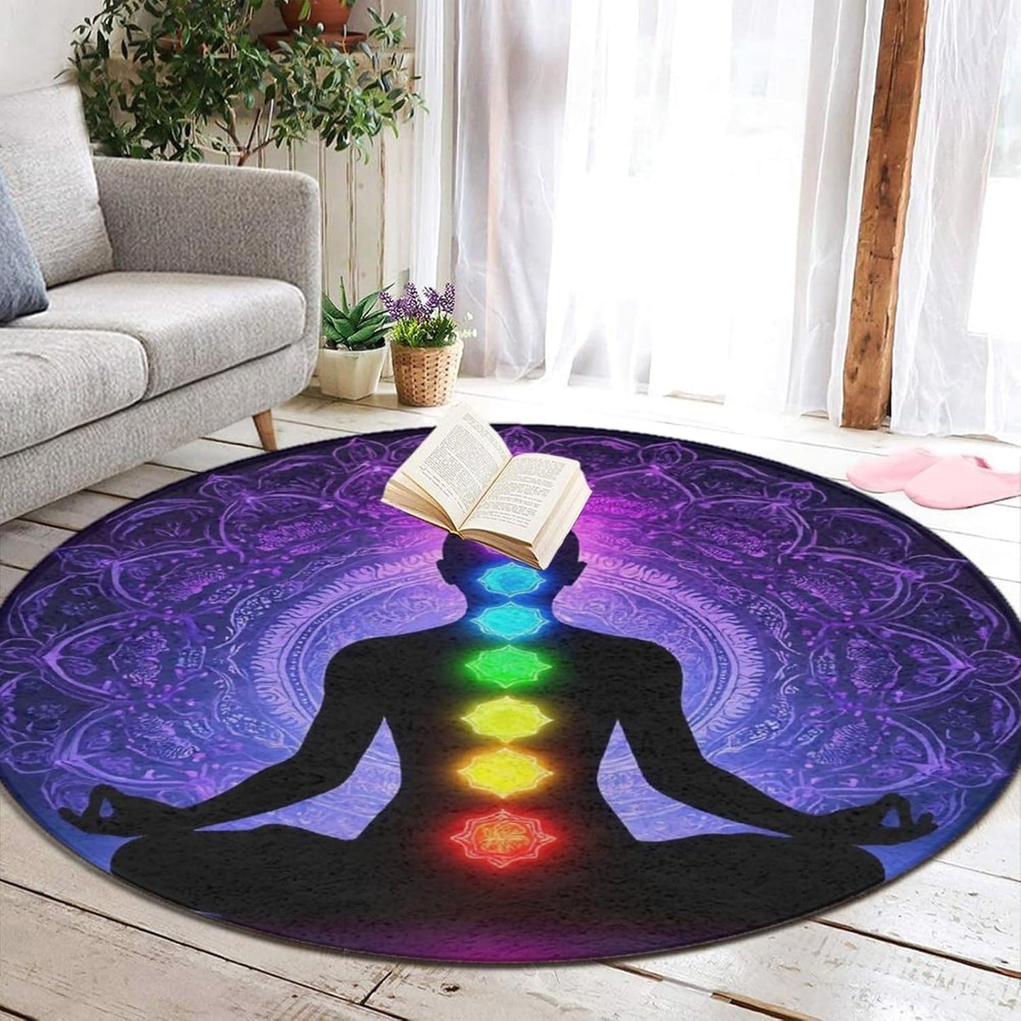 Soft Round Yoga Carpet, Large Home Decor Mat, Non-Slip Machine Washable Kitchen Office Circle Rug Compatible with Cool Norse Viking Vegvisir Runic Compass