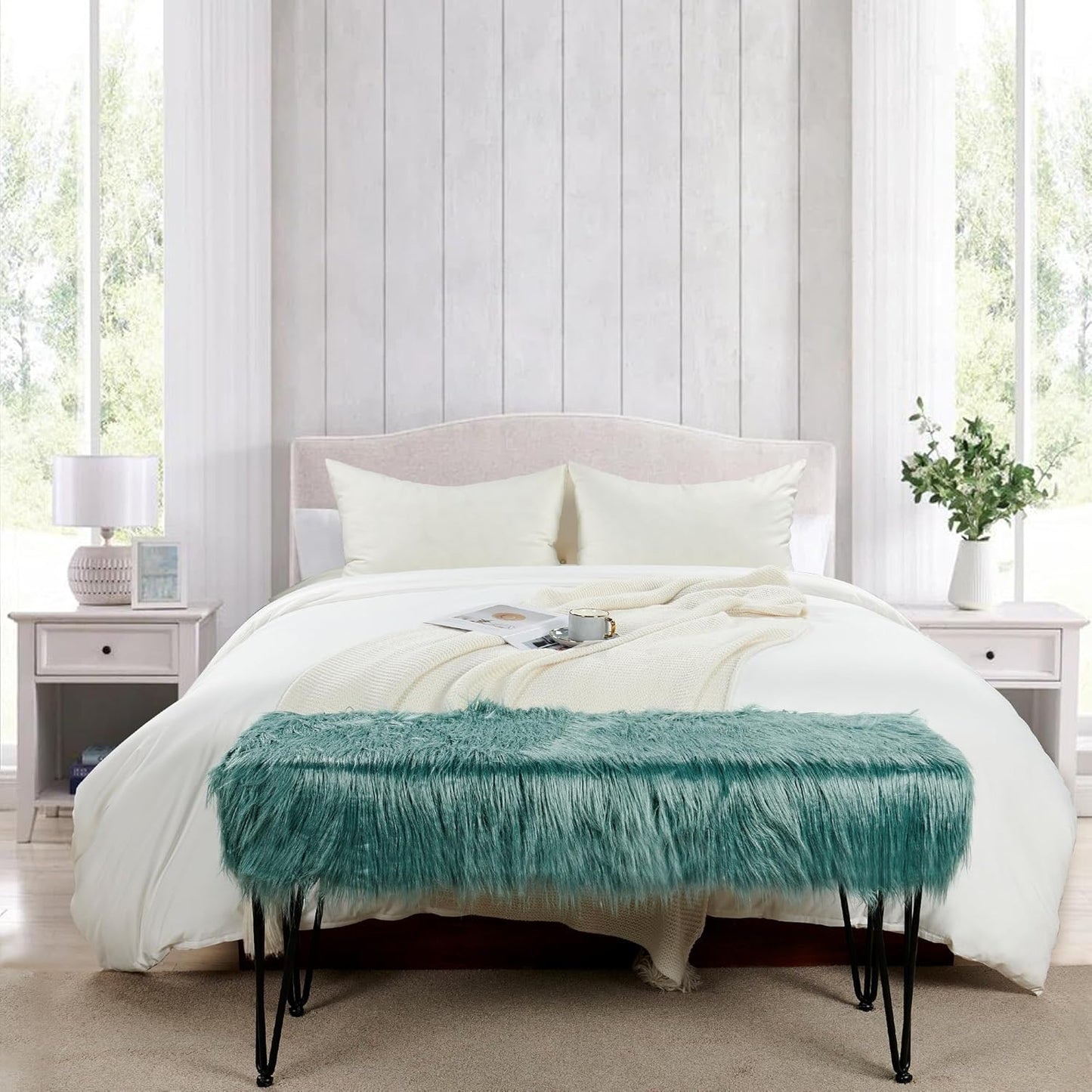 Home Soft Things Green Mongolian Faux Fur Ottoman, Desert Sage, 19'' x 13'' x 17'', Cozy Plush Fluffy Ottoman Foot Rest Stool for Living Room Bedroom Entryway Makeup Bench End of Bed Home Décor