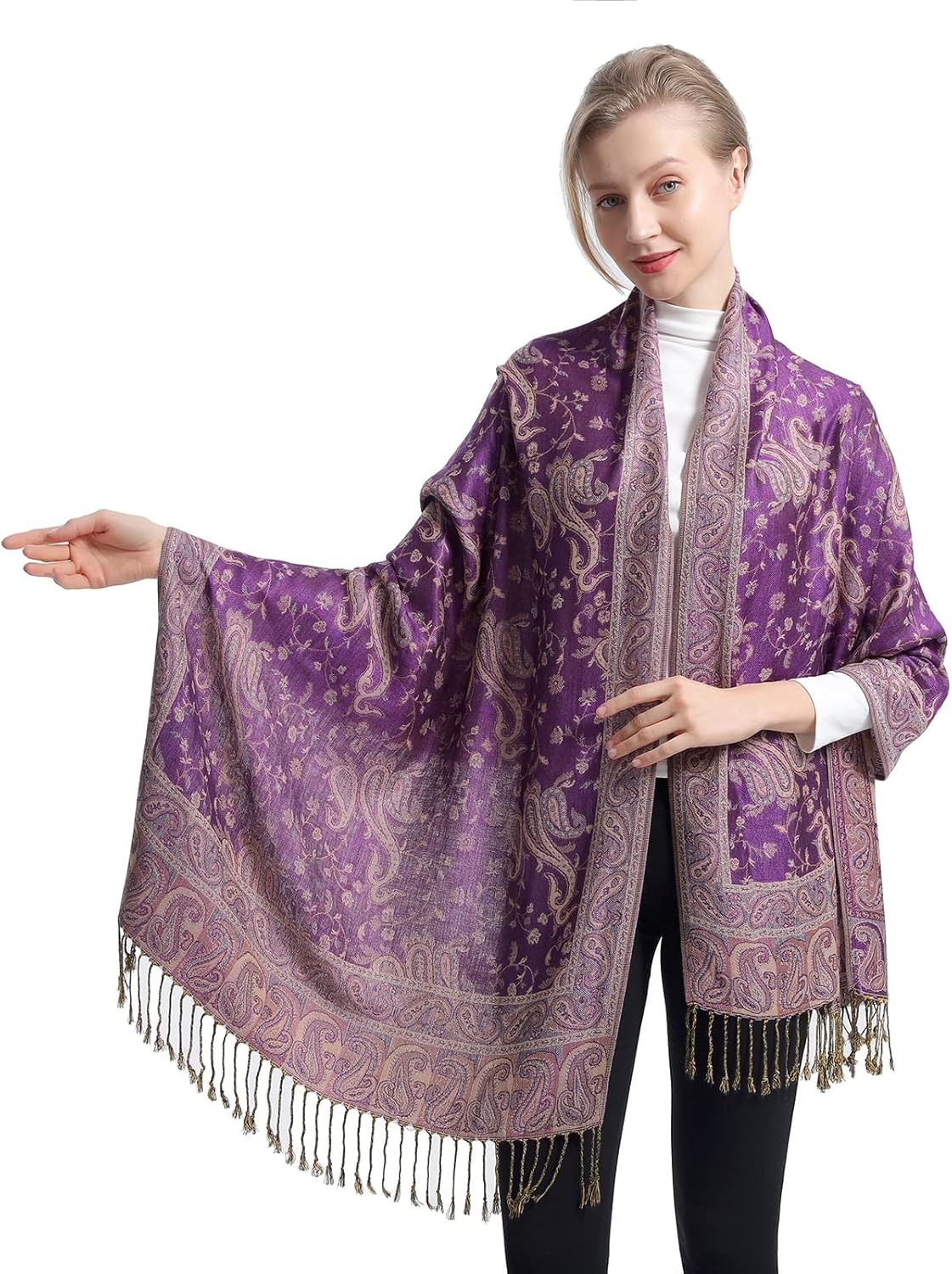 Ciormis Two Tone Silky Paisley Pashmina Shawl Scarf,Soft Women's Rave Jacquard Pashminas Wrap Scarves