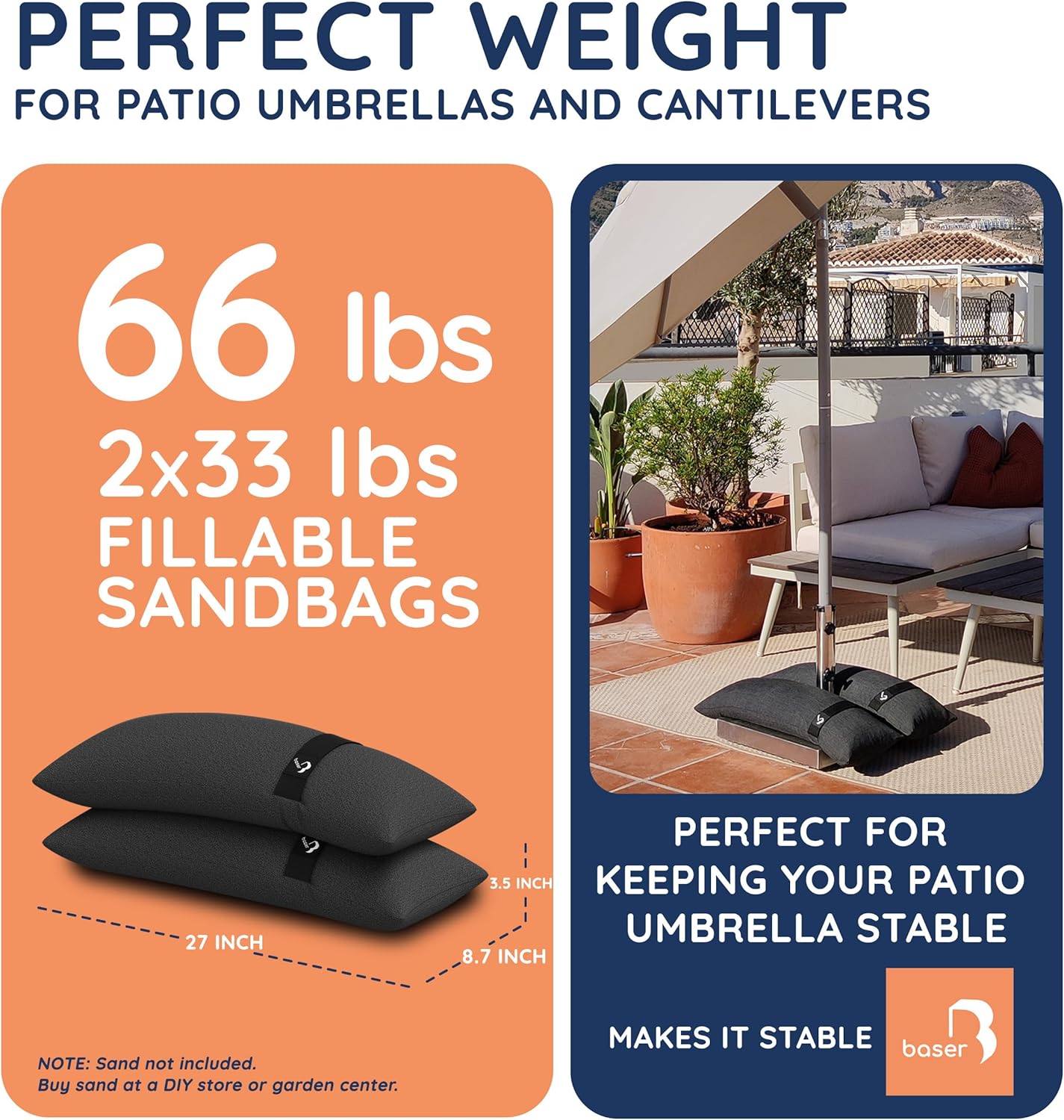 Baser Original Sandbags Fillable Weight Bags for Patio Umbrella Bases, Weather Resistant Recycled Polyester for Outdoor Furniture Windproof Stability