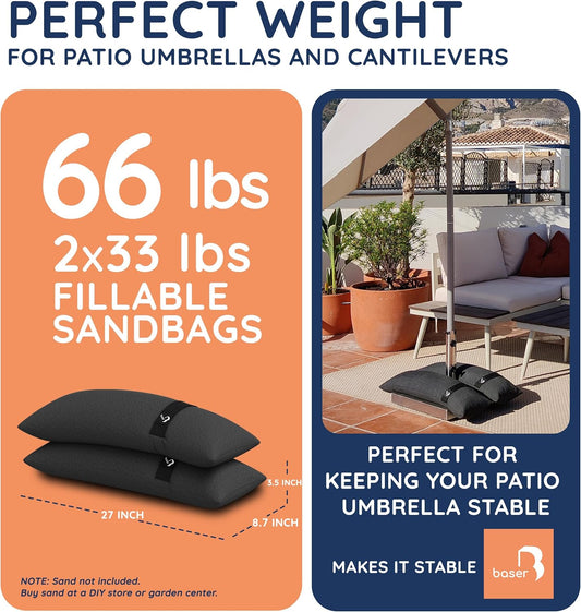 Baser Original Sandbags Fillable Weight Bags for Patio Umbrella Bases, Weather Resistant Recycled Polyester for Outdoor Furniture Windproof Stability