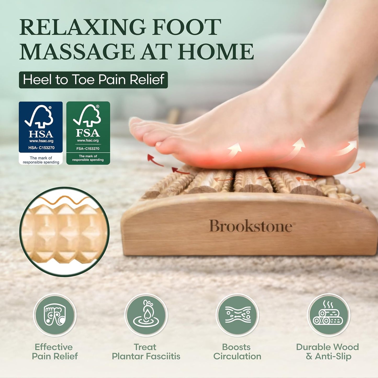 Brookstone Foot Massager Roller Plantar Fasciitis Pain Relief - Wooden Under Desk Feet Massage - Dual Manual Heel Massagers - Wood Rolling Acupressure Tool with Reflexology Guide - Gift for Men, Women