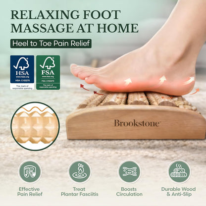 Brookstone Foot Massager Roller Plantar Fasciitis Pain Relief - Wooden Under Desk Feet Massage - Dual Manual Heel Massagers - Wood Rolling Acupressure Tool with Reflexology Guide - Gift for Men, Women