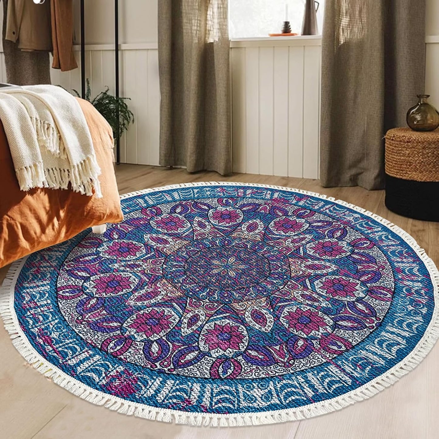 Boho Rug 5Ft Round Bedroom Carpet Circle Nonslip Farmhouse Area Rug Rustic Mandala Floor Mat for Living Room Locker Room Tassel Yoga Throw Rugs Washable Doormat, Purple