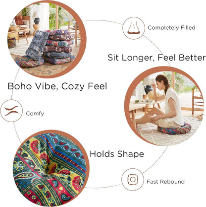 Codi Boho Floor Pillow, Large Meditation Cushion for Adults, Square Pillows Seating for Yoga Living Room Tatami Sitting Home Decor, Memory Foam Added, 22x22 Inch, Multi Patchwork