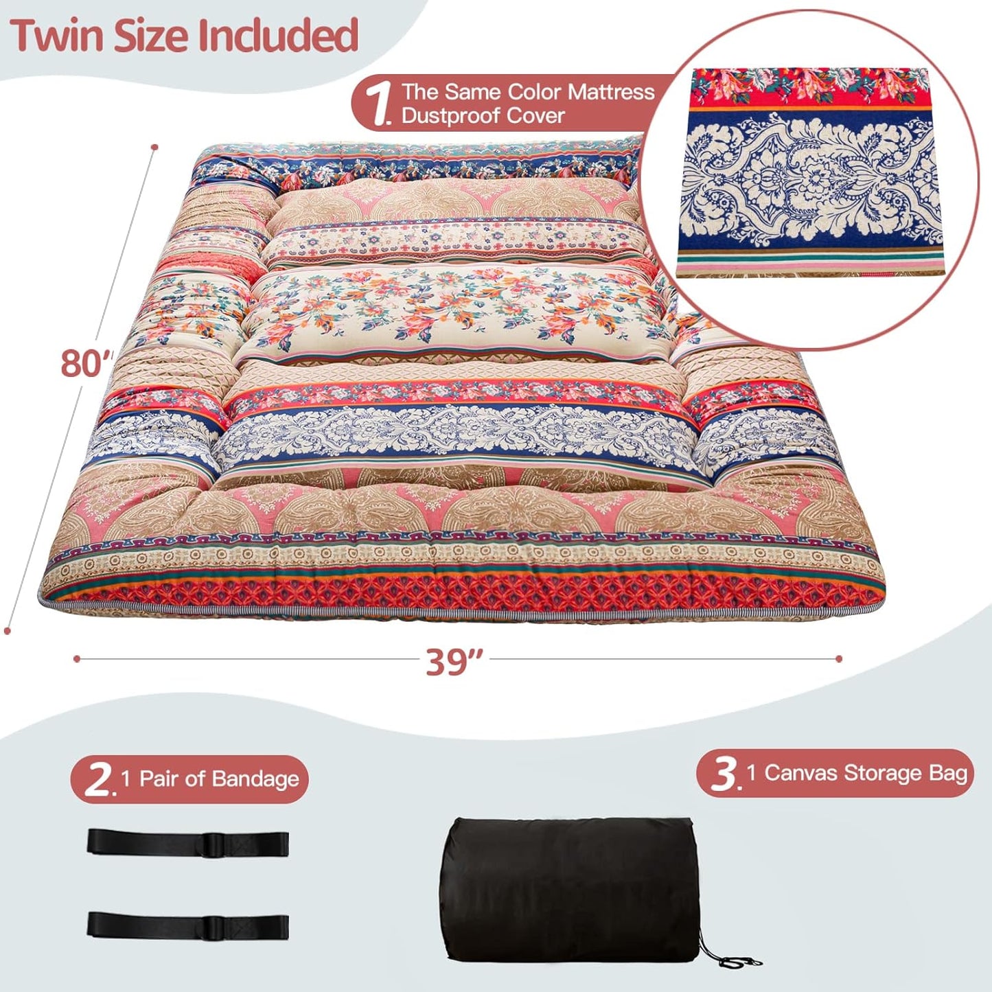 MAXYOYO Bohemian Retro Mattress Boho Floral Japanese Futon Mattress Tatami Floor Mat Foldable Portable Camping, Sleeping Pad, Lounger Couch Bed Full Size
