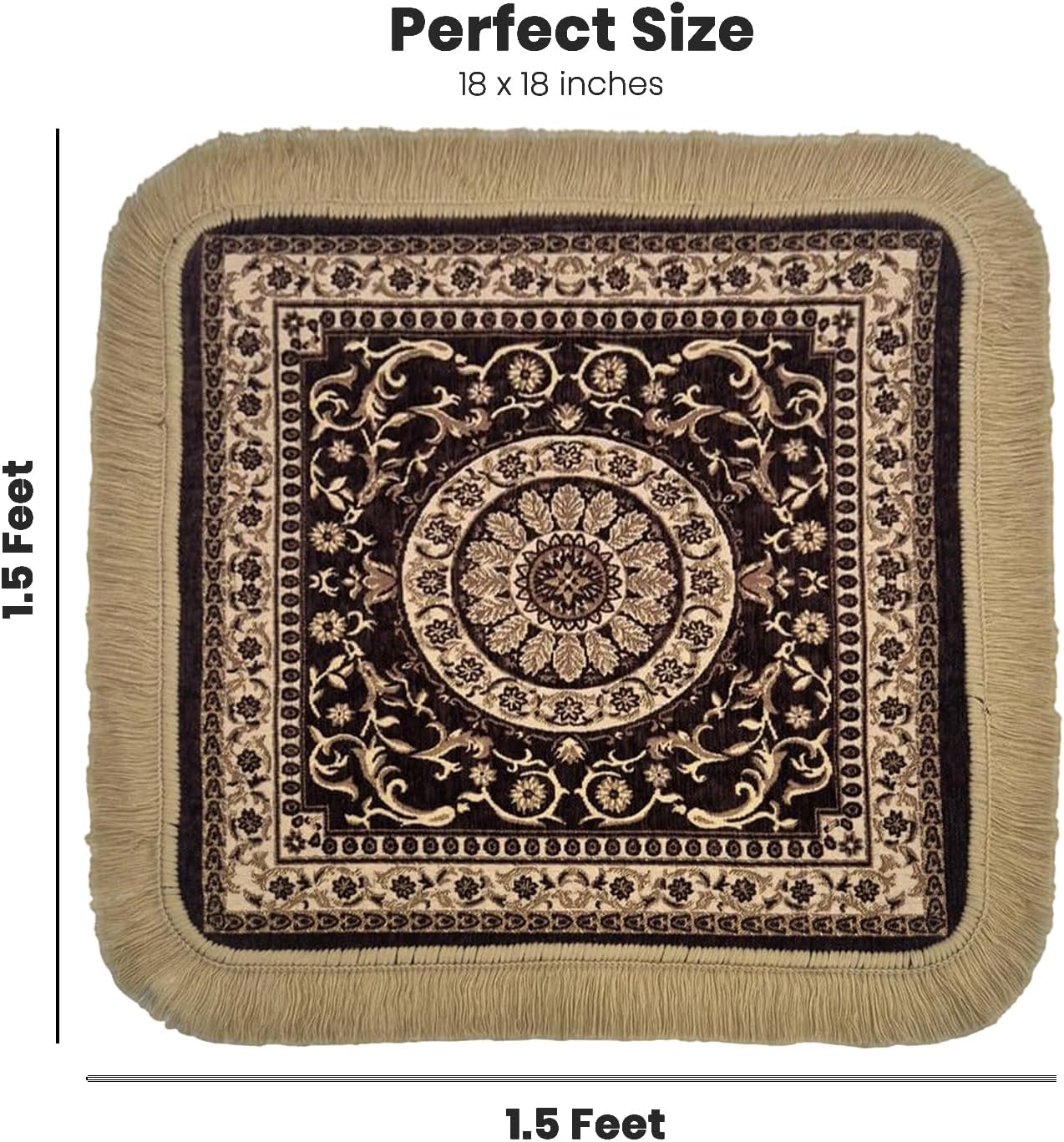 Soft Chenille Prayer Mat | Traditional Mandala Floral Pooja Aasan with Golden Fringes | Multipurpose Square Rug for Meditation, Yoga, Puja Room & Home (Red, 2x2 Feet)