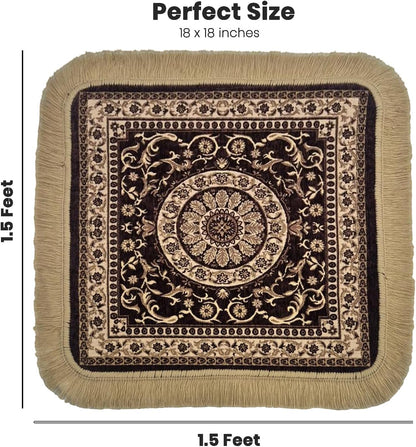 Soft Chenille Prayer Mat | Traditional Mandala Floral Pooja Aasan with Golden Fringes | Multipurpose Square Rug for Meditation, Yoga, Puja Room & Home (Red, 2x2 Feet)