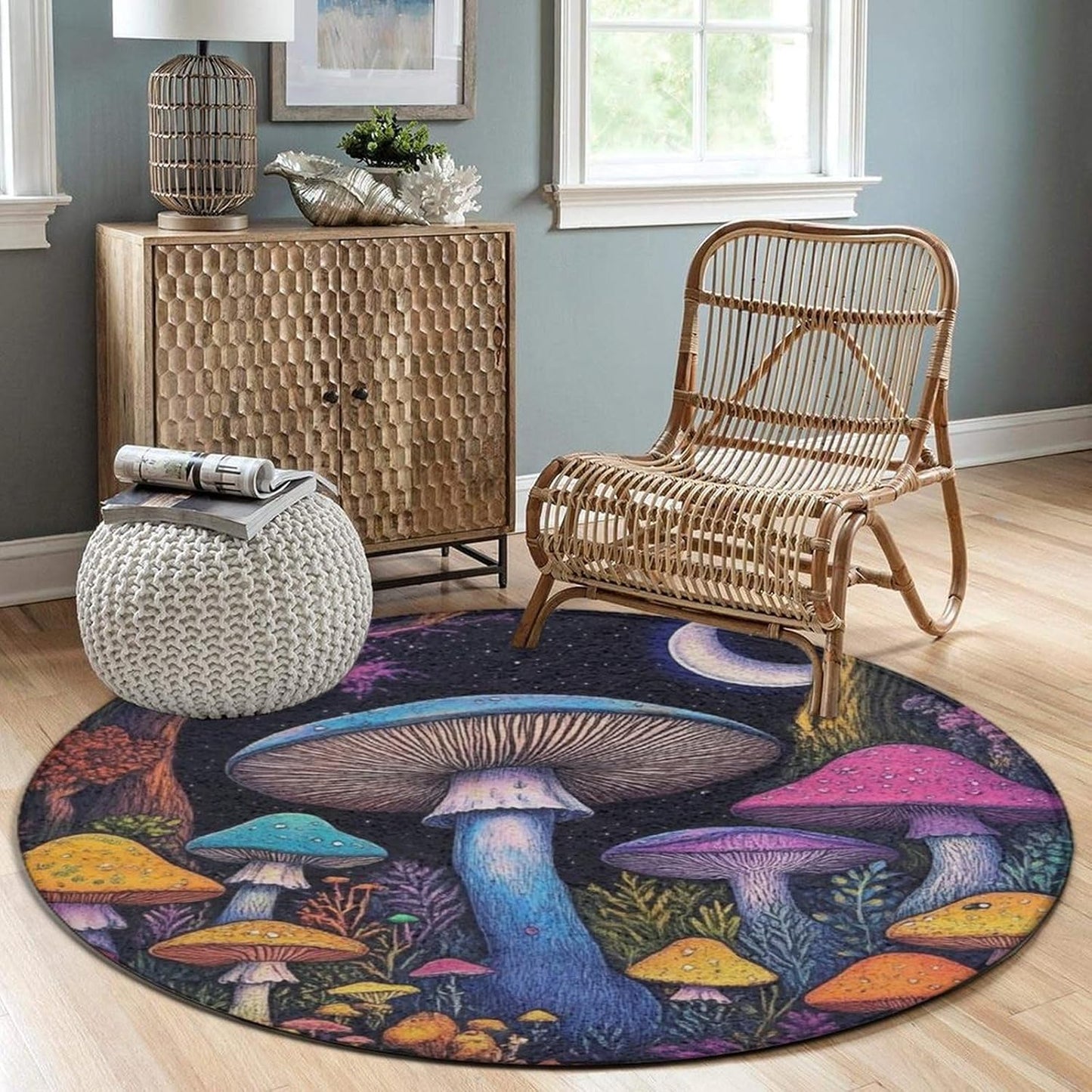 Machine Washable Modern Round Area Rug, Room Sofa Yoga Soft Round Carpet, Home Decor Non Slip Kitchen Office Circle Rug Trippy Rainbow Mushroom Tie Dye Art, 60inch