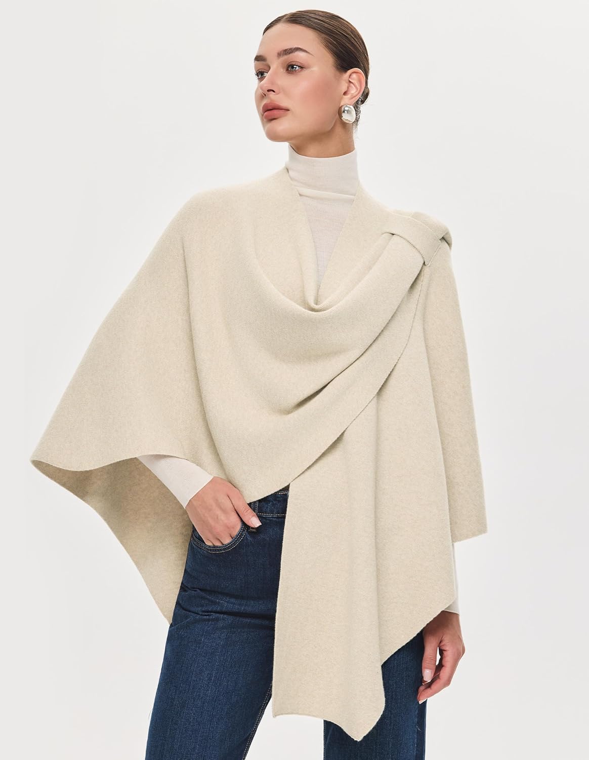 PULI Womens Large Cross Front Poncho Sweater Wrap Topper Knitted Elegant Shawls Cape for Fall Winter
