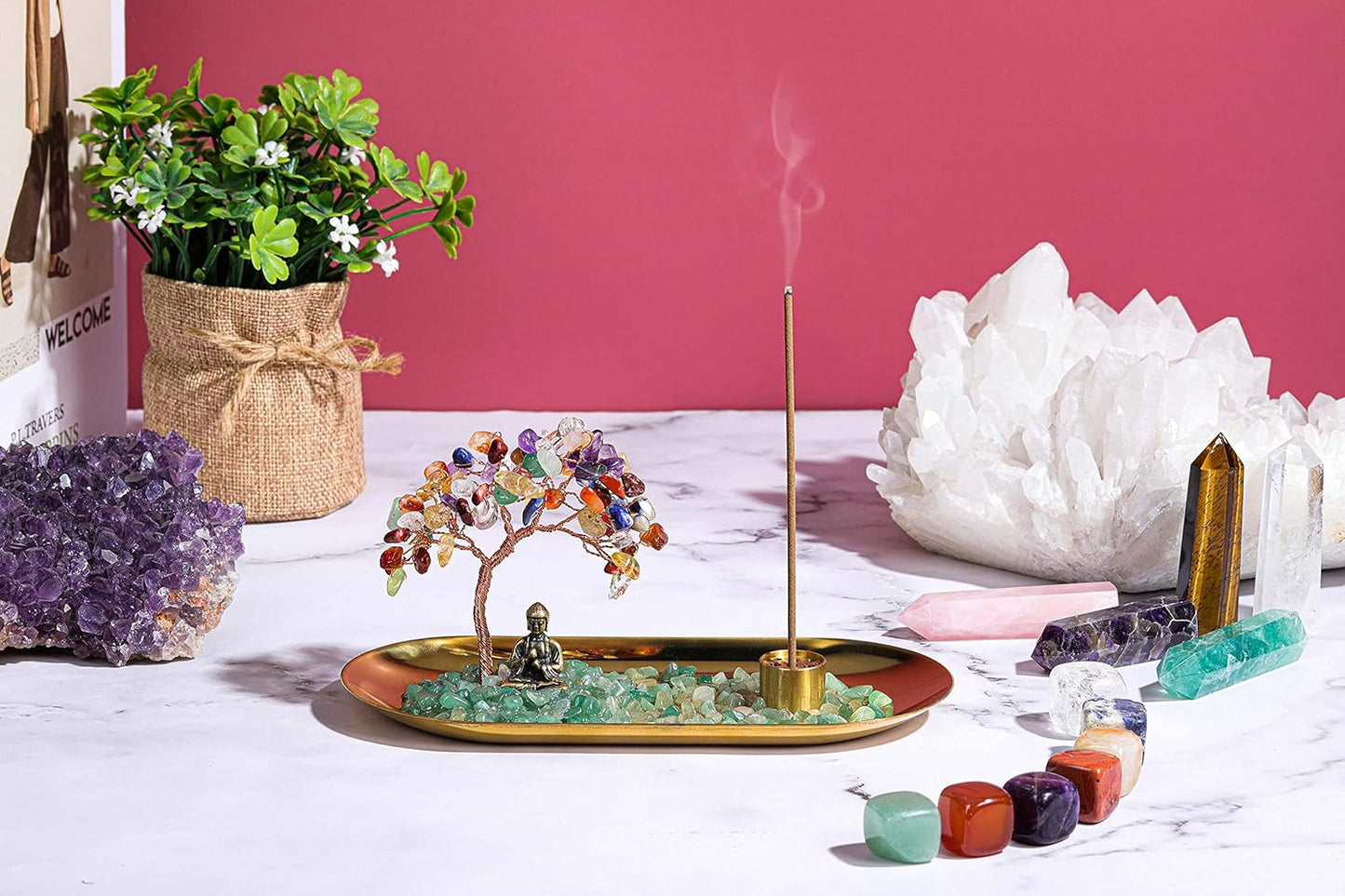 Jovivi Crystal Incense Holder for Sticks, Mixed Healing Crystal Stone Money Tree Buddha Statue Set Incense Burner, Incense Trays for Wealth, Good Luck,Yoga Meditation Home Decor