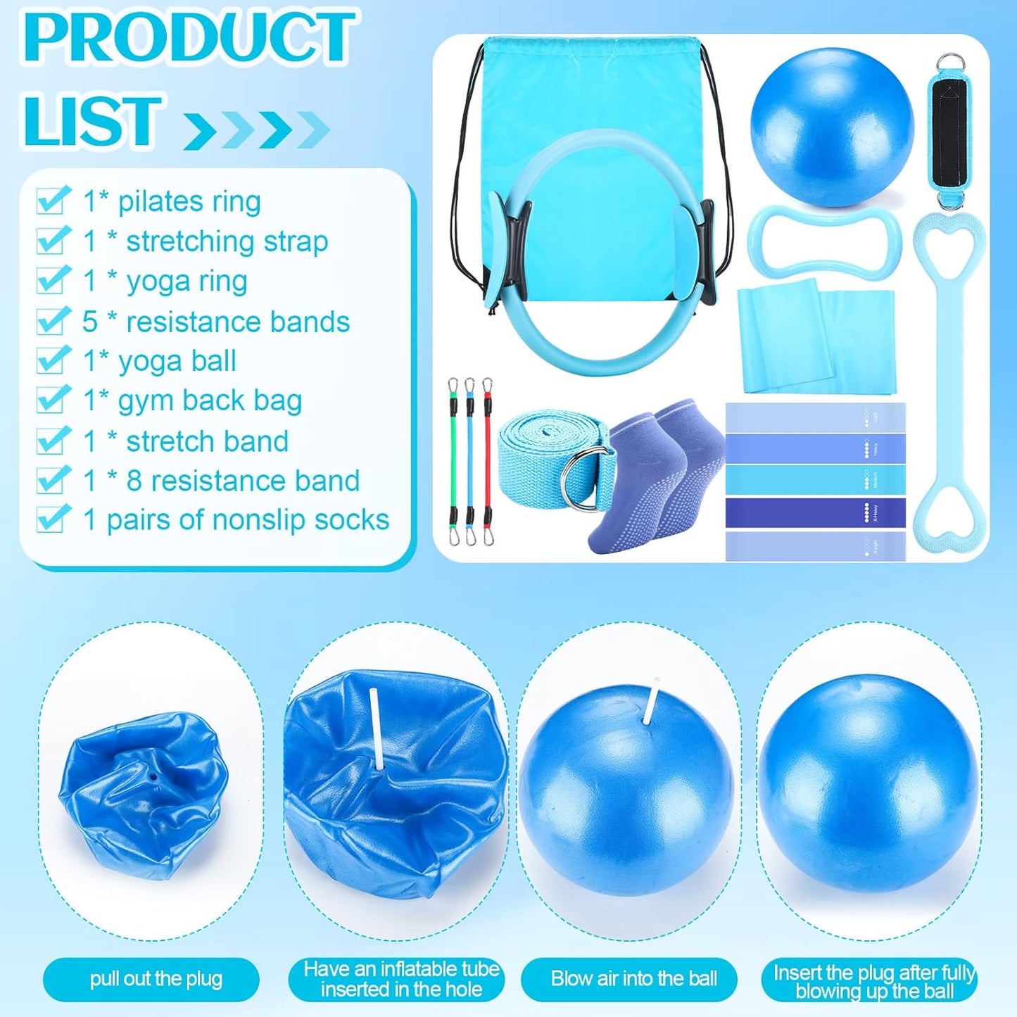 RoundFunny Pilates Ring Circle Set 18 Pcs Exercise Equipment Accessories for Women Workouts Pilates Ball Stretching Strap Magic Circle Yoga Ring Gym Back Bag Resistance Band Anti Slip Socks