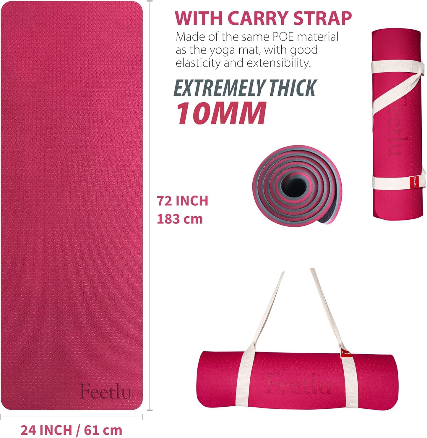 Extra Thick Exercise Yoga Mat with Strap - 2/5 Inch (10MM), Non-Slip Workout Mat for Yoga, Pilates, and Floor Exercises