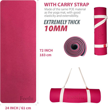 Extra Thick Exercise Yoga Mat with Strap - 2/5 Inch (10MM), Non-Slip Workout Mat for Yoga, Pilates, and Floor Exercises