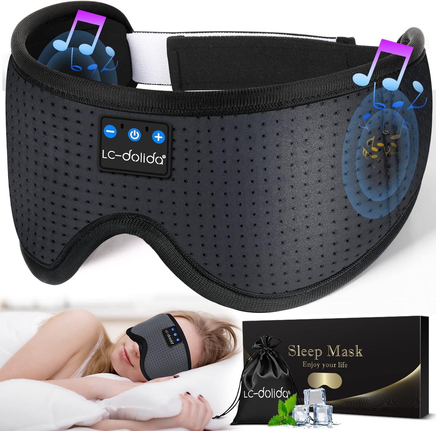 LC-dolida Sleep Headphones, 3D Sleep Mask Bluetooth Wireless Music Eye Mask, Sleeping Headphones for Side Sleepers Sleep Mask with Bluetooth Headphones Ultra-Thin Stereo Speakers Perfect for Sleeping