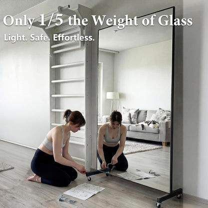 Full Length Floor Mirror with Wheels, Super Lightweight Glassless Shatterproof Film Mirror, Rolling Mirror for Home Gym, Dance Studio, Yoga Room, 67×20Inch, White