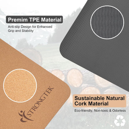 StrongTek Eco-Friendly Cork Yoga Mat, 7mm Thick, 72"x24", Cork+TPE, 2 lbs, Non-Slip, Lightweight & Cushioned Mat for Hot Yoga, Pilates & Home Fitness, Durable Surface with Natural Grip and Carry Strap
