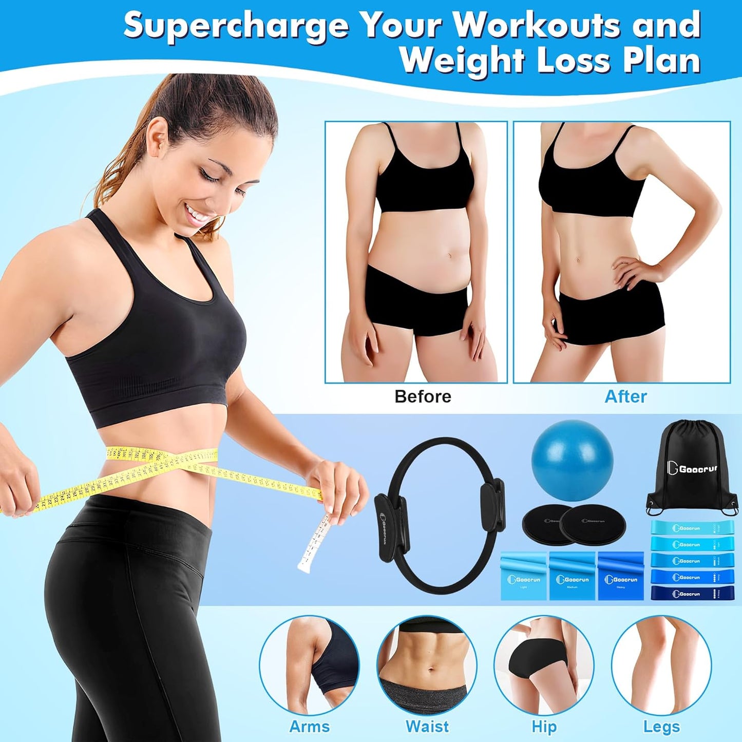 Goocrun Pilates Ring Set Exercise Equipment, with Exercise Resistance Bands Set, Pilates Ball, Sliding Disks. Portable Home Gym - with Fitness Guide Poster